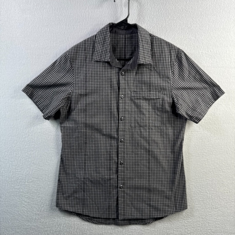 Lululemon Shirt‎ Mens Medium Black Plaid Check Cotton Button Up Short Sleeve